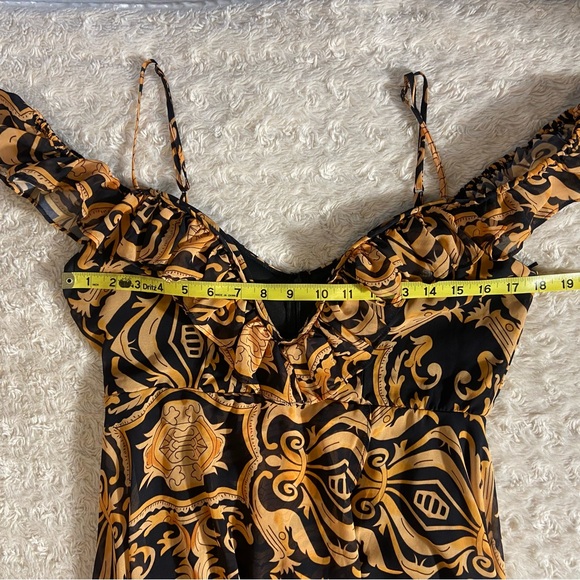 Akira Baroque Gold Black Plunging Neck Ruffled Maxi High Low Dress L Large - Picture 12 of 15